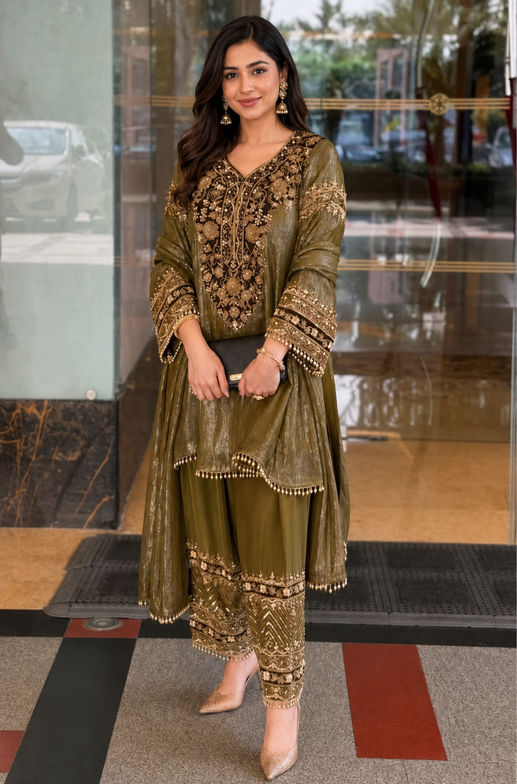 Olive nylon embroidered farshi palazzo set