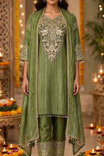 Olive nylon embroidered farshi palazzo set