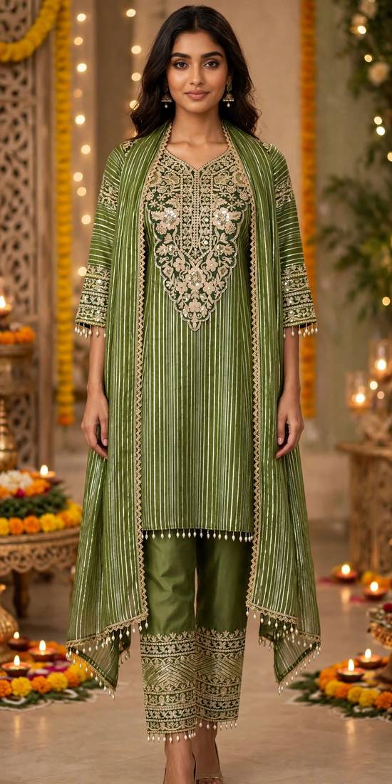 Olive nylon embroidered farshi palazzo set