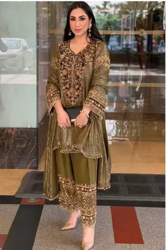 Olive nylon embroidered farshi palazzo set