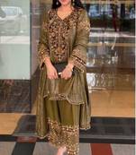 Olive nylon embroidered farshi palazzo set