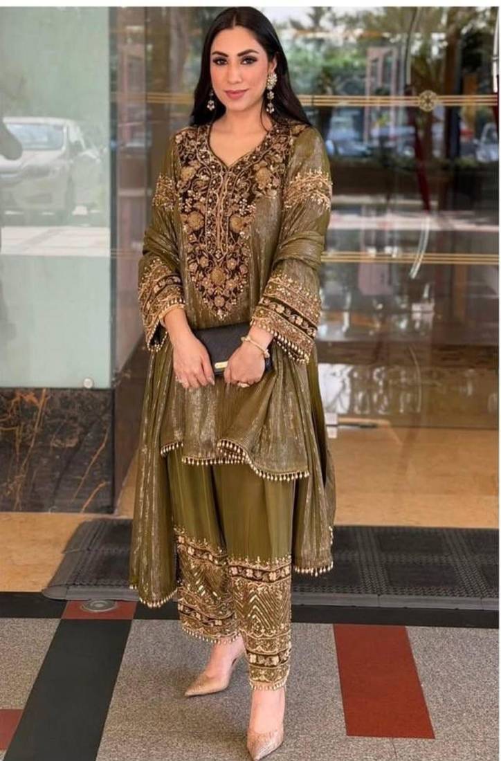 Olive nylon embroidered farshi palazzo set