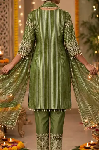 Olive nylon embroidered farshi palazzo set