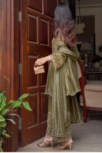 Olive nylon embroidered farshi palazzo set