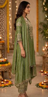 Olive nylon embroidered farshi palazzo set 3