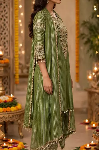 Olive nylon embroidered farshi palazzo set