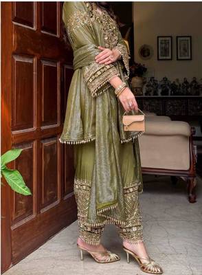 Olive nylon embroidered farshi palazzo set 3