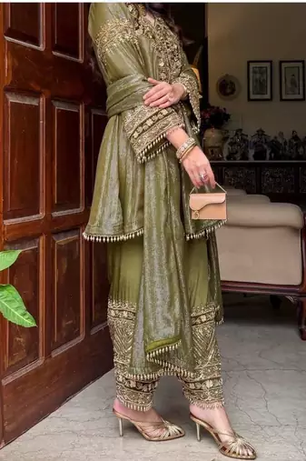 Olive nylon embroidered farshi palazzo set