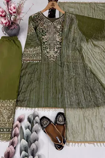 Olive nylon embroidered farshi palazzo set