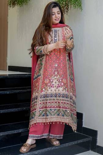 Dark pink silk blend printed palazzo set