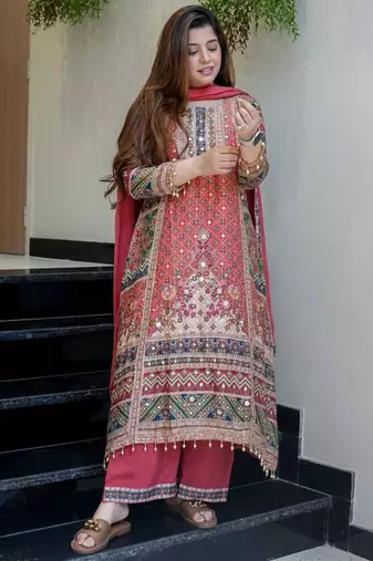 Dark pink silk blend printed palazzo set