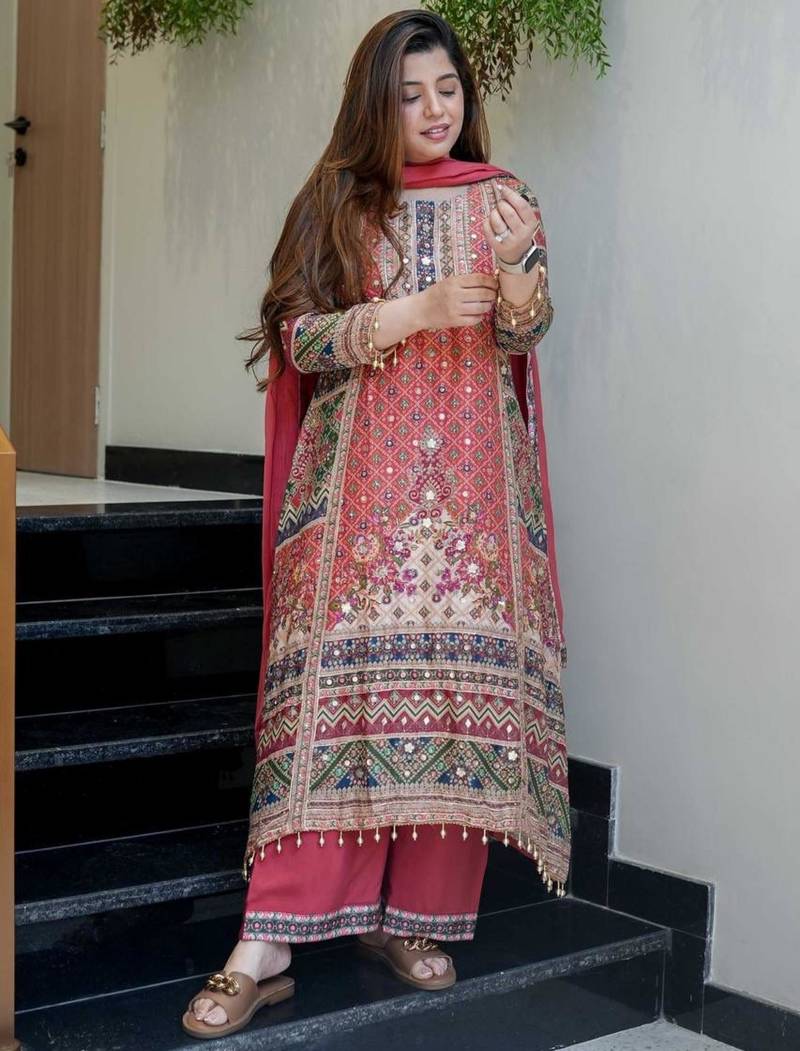 Dark pink silk blend printed palazzo set