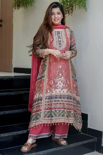 Dark pink silk blend printed palazzo set