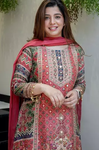 Dark pink silk blend printed palazzo set