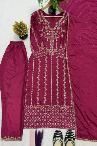 Rani pink silk blend embroidered trouser set
