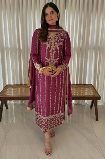 Rani pink silk blend embroidered trouser set