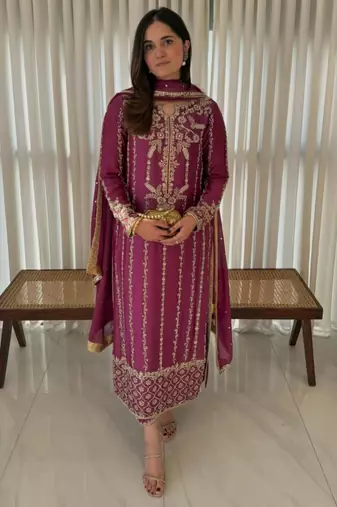 Rani pink silk blend embroidered trouser set