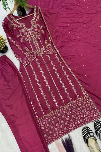 Rani pink silk blend embroidered trouser set