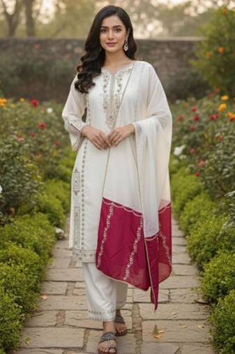 Off white silk blend embroidered palazzo set
