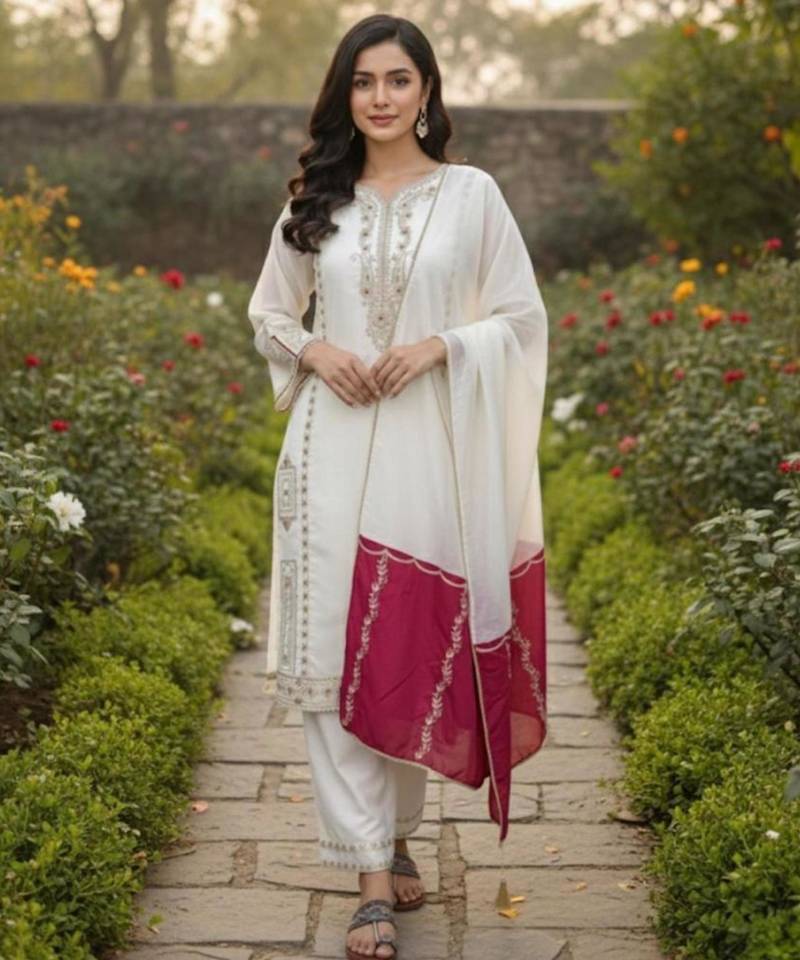 Off white silk blend embroidered palazzo set