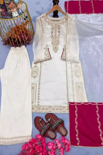 Off white silk blend embroidered palazzo set