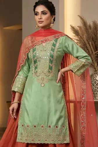 Green silk blend embroidered SHARARA set