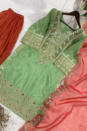 Green silk blend embroidered SHARARA set