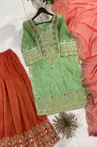 Green silk blend embroidered SHARARA set