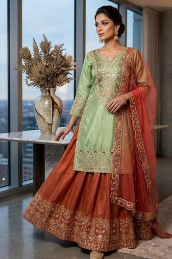 Green silk blend embroidered SHARARA set