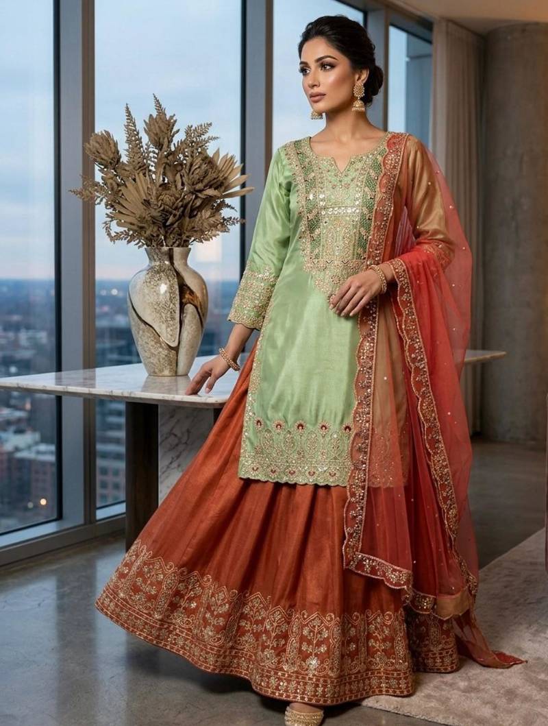 Green silk blend embroidered SHARARA set