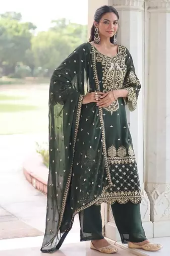 Womens new trendy faux blooming with embroidered work  kurta set