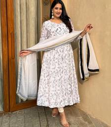 White silk blend embroidered anarkali set