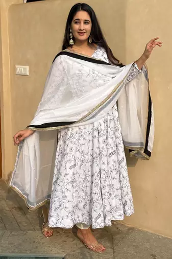 White silk blend embroidered anarkali set