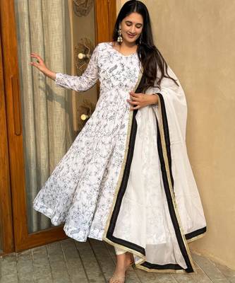 White silk blend embroidered anarkali set 1
