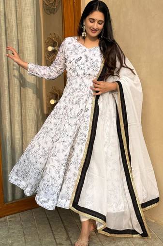 White silk blend embroidered anarkali set