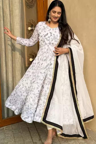 White silk blend embroidered anarkali set