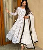White silk blend embroidered anarkali set