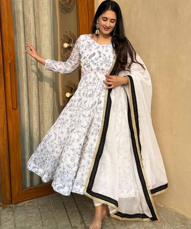 White silk blend embroidered anarkali set