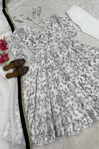White silk blend embroidered anarkali set