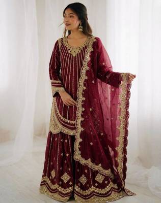 Wine silk blend embroidered palazzo set 2