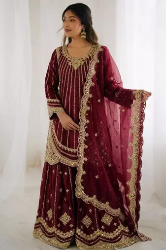 Wine silk blend embroidered palazzo set