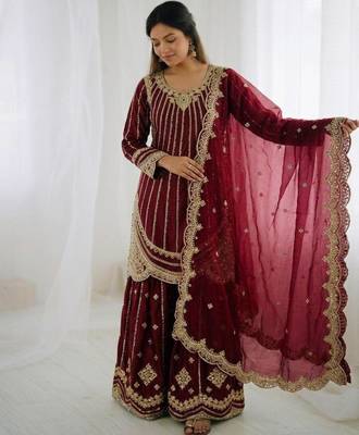 Wine silk blend embroidered palazzo set 3