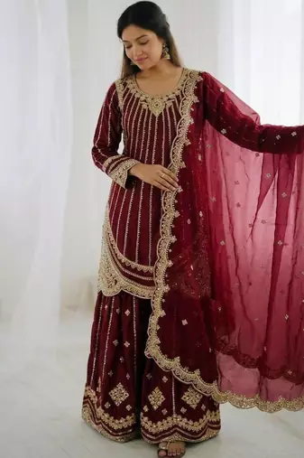 Wine silk blend embroidered palazzo set