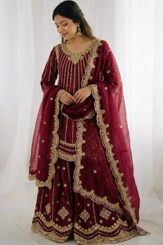 Wine silk blend embroidered palazzo set