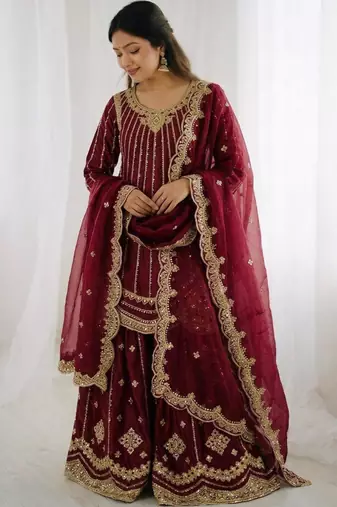 Wine silk blend embroidered palazzo set