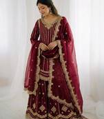 Wine silk blend embroidered palazzo set