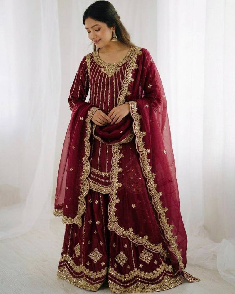 Wine silk blend embroidered palazzo set