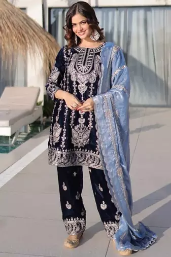 Womens new fancy velvet with rich zari embroidered work kurta set