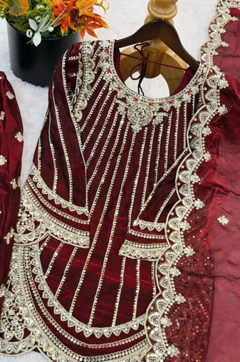 Wine silk blend embroidered palazzo set