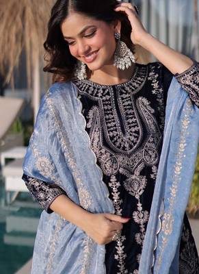 Womens fancy velvet with rich zari embroidered work kurta set 3